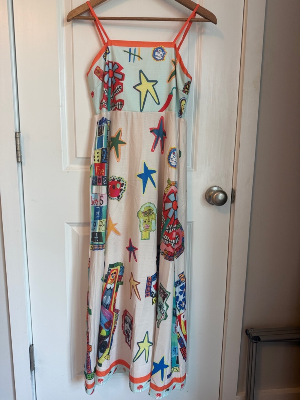 Womens Cream Maxi Dress with Colorful Star & Graphic Print